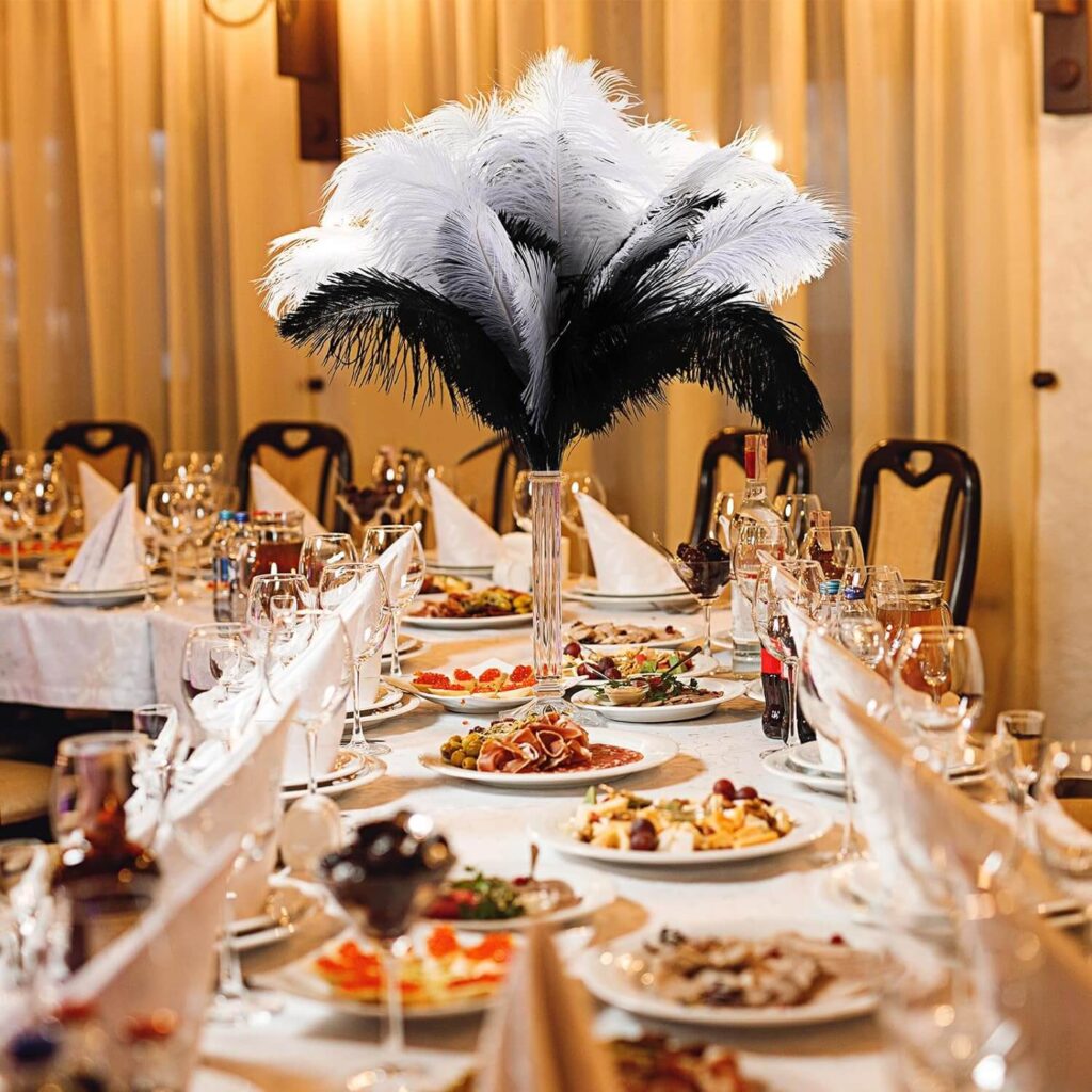 black and white party feathers centerpiece